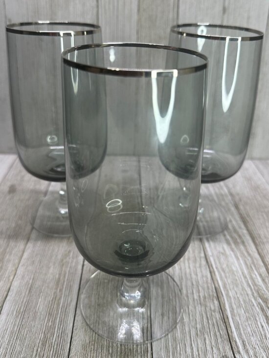 Vintage Fostoria Cherish Water Goblets Smoke Gray Platinum Trim 6.5" - Set of 3 - Picture 1 of 7